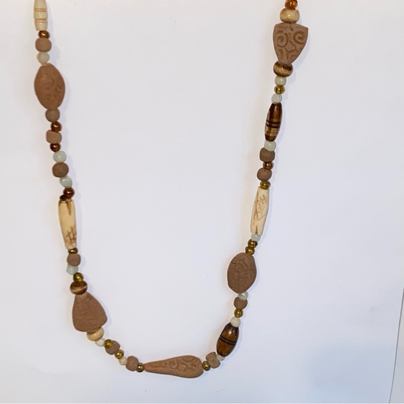 Vintage Ethnic Beaded 16" Necklace Terra Cotta Clay Glass Etched Faux Bone Beads - Picture 10 of 10